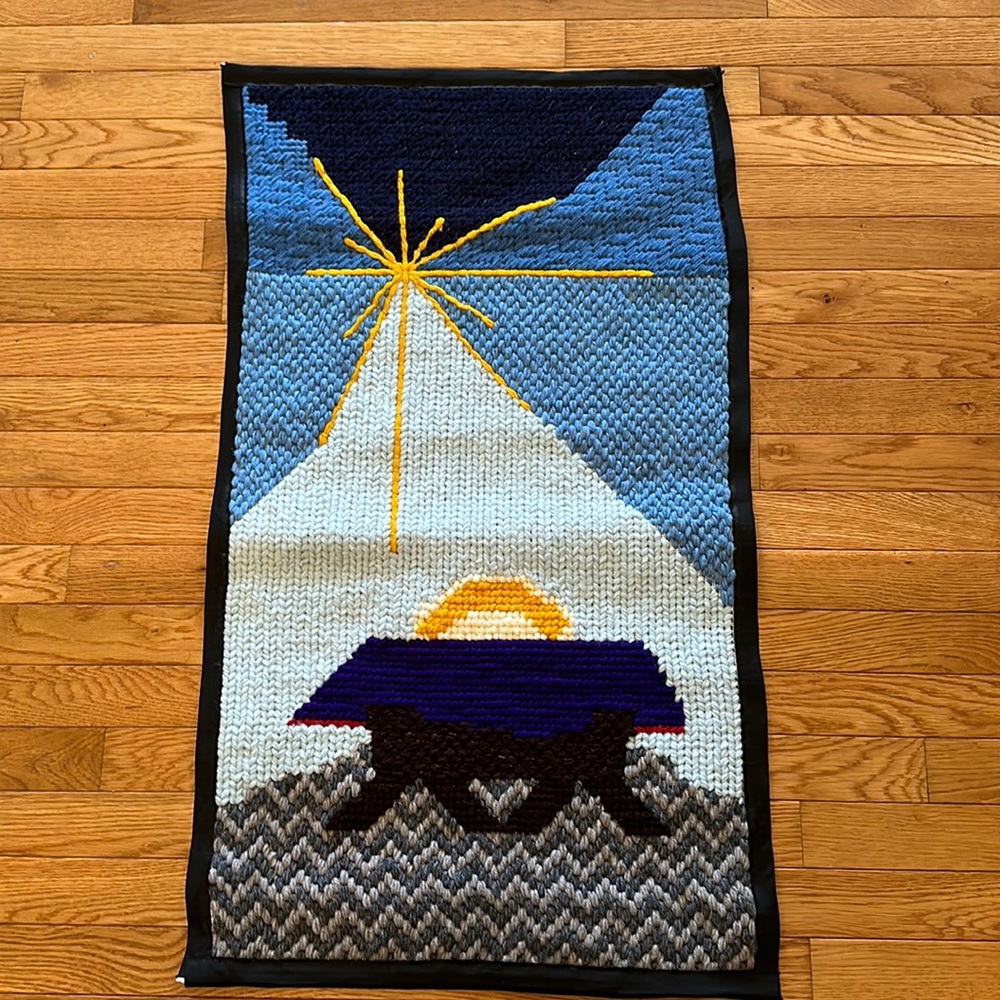 Vintage handmade large needlepoint nativity scene wall hanging, decoration
